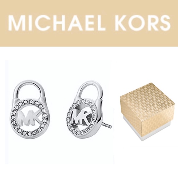 Michael Kors Silver Tone Pave Crystal Padlock Logo Earring Studs - Picture 1 of 12
